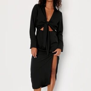 Lulus Story Shirt Black Long Sleeve Tie-Front Midi Dress